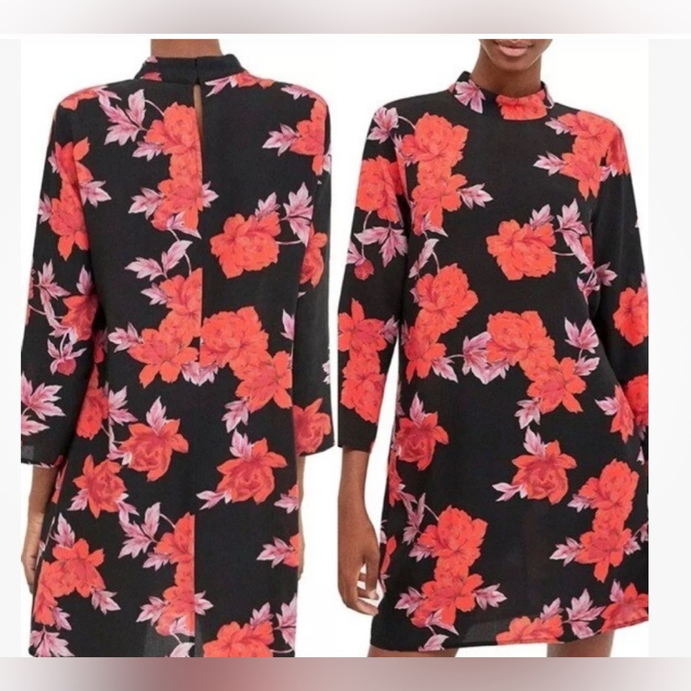 Zara Floral Black Shift Dress Red Pink Flowers Mock Neck Mini XS